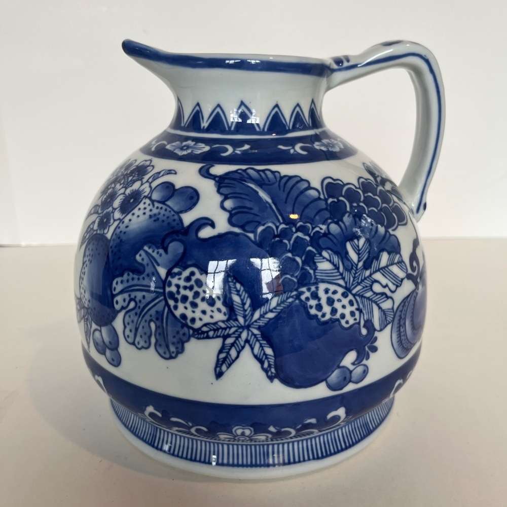 Vintage Blue and White Pottery Pitcher Flow Blue Style Heavy Ceramic